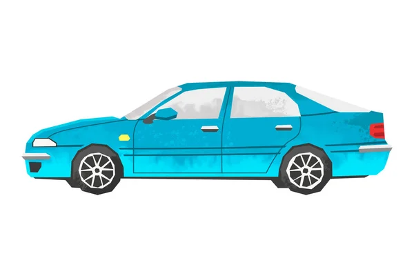 Aquarelblauwe auto. Geïsoleerde auto. Cartoon print voor kinderkamer. Zijaanzicht van het voertuig. Stedelijk vervoer — Stockfoto