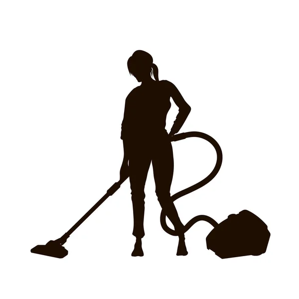 Zwart silhouet van meisje met stofzuiger. Geïsoleerde vrouw die de vloer schoonmaakt. Huishoudster met hoover die huiswerk maakt. Huisvrouw stofzuigkamer — Stockvector