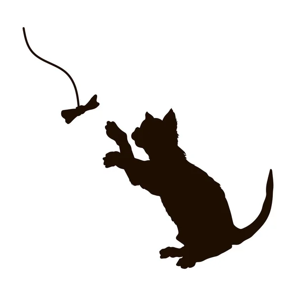 Silhouette noire de chat jouant. Chaton isolé jouer arc. Dessin mignon pour animaux. icône animale de l'action chaton — Image vectorielle