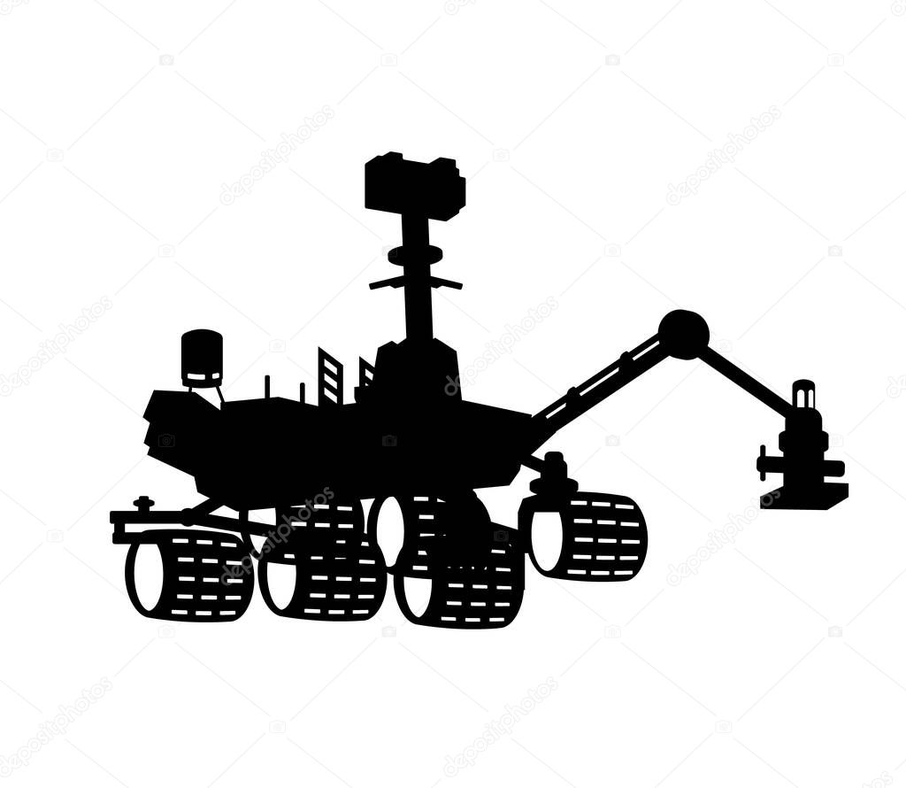 Space rover silhouette. Isolated black robot. Aerospace mars vehicle. Martian NASA equipment. Automated cosmic machine