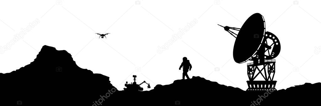 Isolated space landscape. Mars scene with astronaut, rover and antenna. Silhouette panorama. Martian colonization