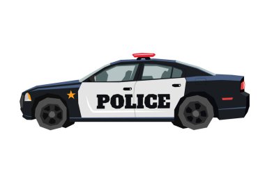 Çocuk arabası çizimi. Devriye arabası çizgi film tarzında. Çocukların yatak odası dekorasyonu için izole edilmiş araç sanatı. Yan görüş. Yürüyen duvar sanatı için yazdır