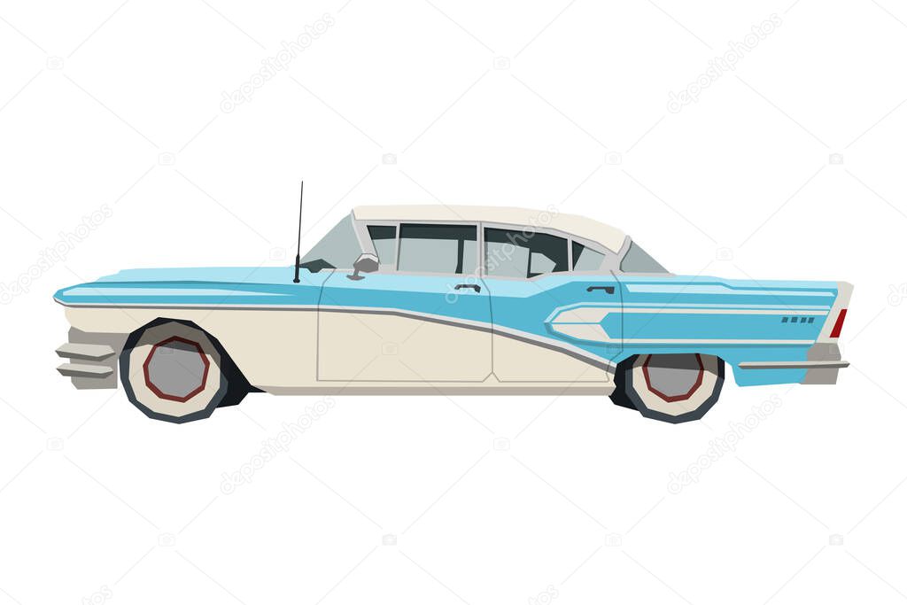 Nursery retro car drawing. Vintage car in cartoon style. Isolated vehicle print for kids game room decor. Side view of old automobile. Classic blue auto for toddler wall art