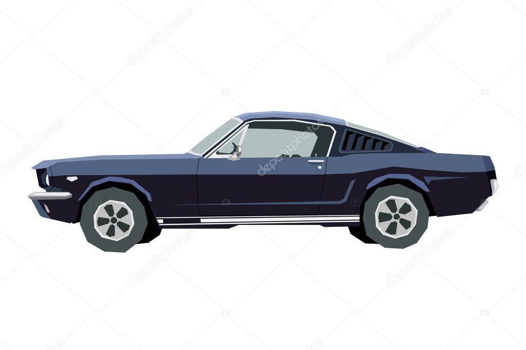 Nursery retro car drawing. Muscle car in cartoon style. Isolated vehicle print for kids game room decor. Side view of sport automobile. Classic black auto for toddler wall art