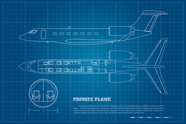 Delinear el interior del avión privado. Vista lateral y superior del avión de negocios. Mapa de asientos planos. Dibujo de aviones comerciales. Proyecto industrial de jet de lujo. Plan de pasajeros — Archivo Imágenes Vectoriales