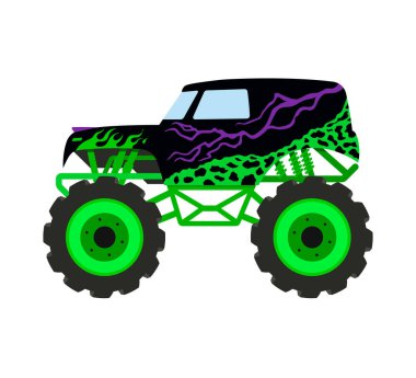 Çizgi film canavar kamyonu. Büyük araba tişörtü baskısı. 4x4 çocuk arabası. İzole edilmiş dizel otomobil. Rally göster.