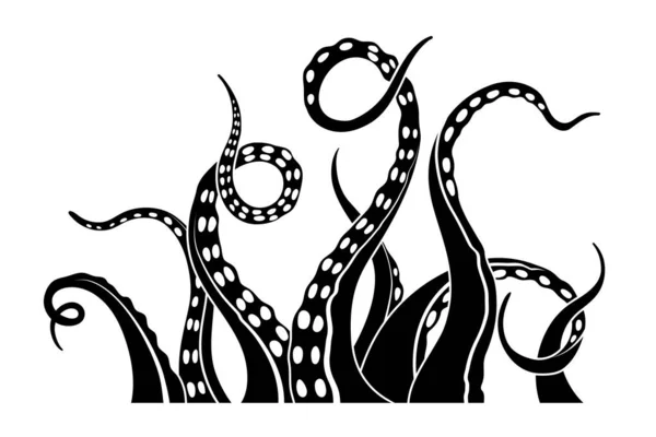 Silhouette nera di tentacoli di polpo. Disegno isolato di mostri marini. Uno schizzo di Kraken. Arte della parete animale subacquea — Vettoriale Stock