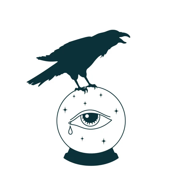 Bola de bruxas místicas com corvo. Esboço esfera de cristal com olho. Desenho de tarô. Desenho esotérico isolado. Clipart mágico. Desenho de bruxaria — Vetor de Stock