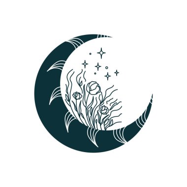 Siyah çiçek ayı. İzole boho çizimi. Mistik cadı dövmesi. Tarot luna. Sihirli çizim. Özel tişört baskısı