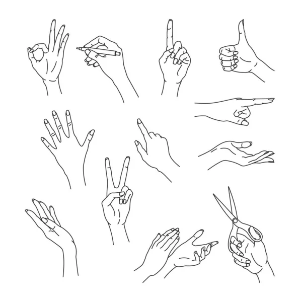 Outline woman hands. Isolated gestures set. Girl palm icons. Contour drawing of female fingers. Line arm silhouette — Vetor de Stock