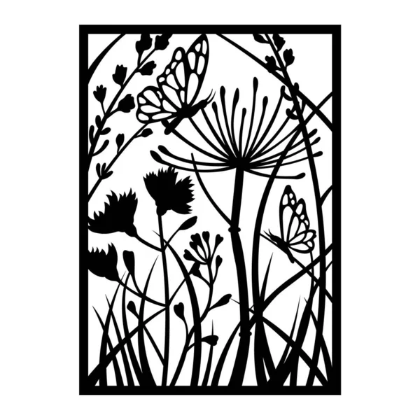 Шаблон полевого цветка для крикута. Черная открытка с цветами. Луг с травами и бабочками. Природа в кадре — стоковый вектор