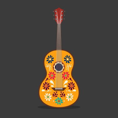 Süslü Meksika gitarı. Karikatür müzik aleti. Meksika festivali sembolü. İzole müzik ikonu. Etnik tasarım