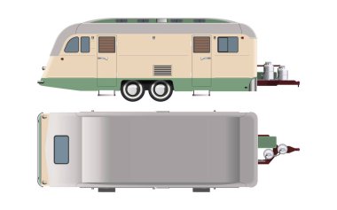 İzole edilmiş seyyar ev. Karavanın üst ve yan manzarası. Taşrada yaşamak için aile minibüsü. Modern karavan çizimi. Tatiller için klasik taşınabilir vagon. Vektör illüstrasyonu