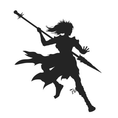 Mızraklı bir kadının izole edilmiş görüntüsü. Elinde silah olan barbar bir kızın silueti. Genç bir Amazon portresi. Savaşta fantezi kahramanı. Vektör illüstrasyonu.