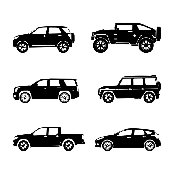 Fehér alapon fekete sziluettje az autók. Vektor Suv beállítása — Stock Vector