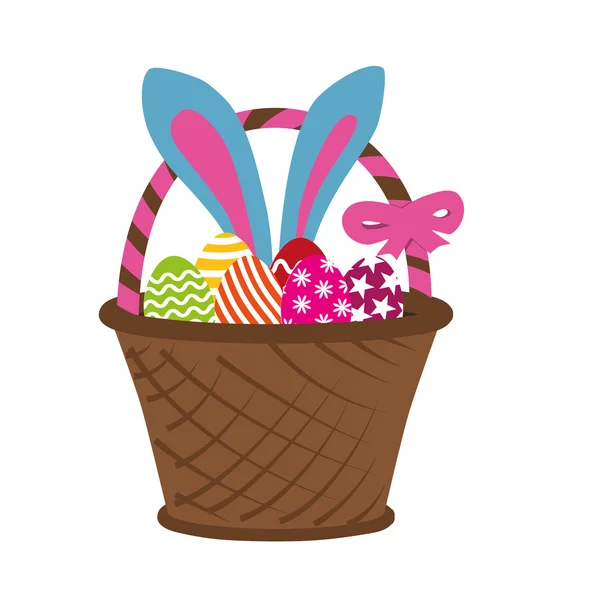 Conejo de Pascua en cesta llena de huevos de Pascua decorados — Vector de stock