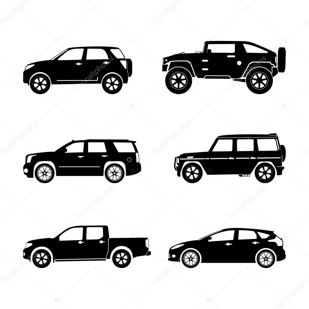 Black silhouette cars on white background. Vector SUV set