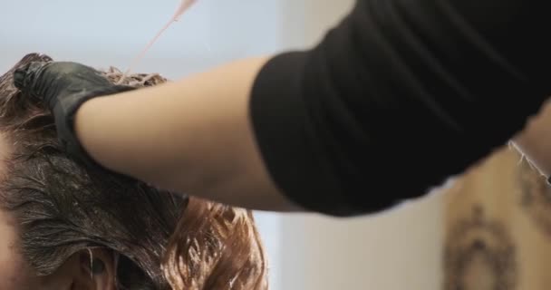 Siyah eldivenli profesyonel kuaför şampuan kullanıyor. — Stok video