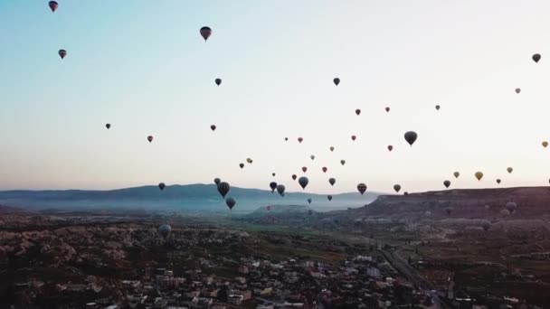 Sıcak hava balonları vadinin üzerinde uçuyor. — Stok video