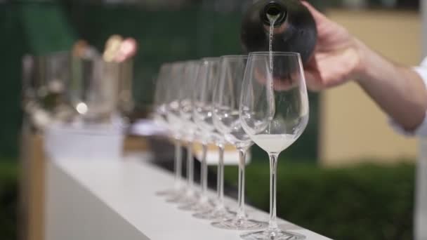 Наливая шампанское в бокалы — стоковое видео
