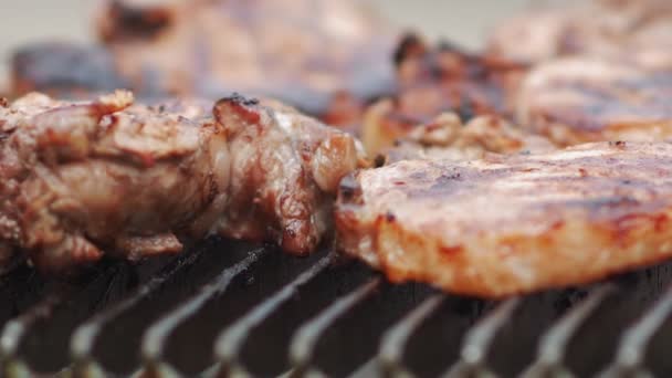 Pedaços de carne de churrasco com crosta vermelha — Vídeo de Stock