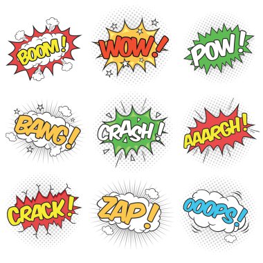 Collection of Nine Wording Sound Effects for Comic Speech Bubble clipart