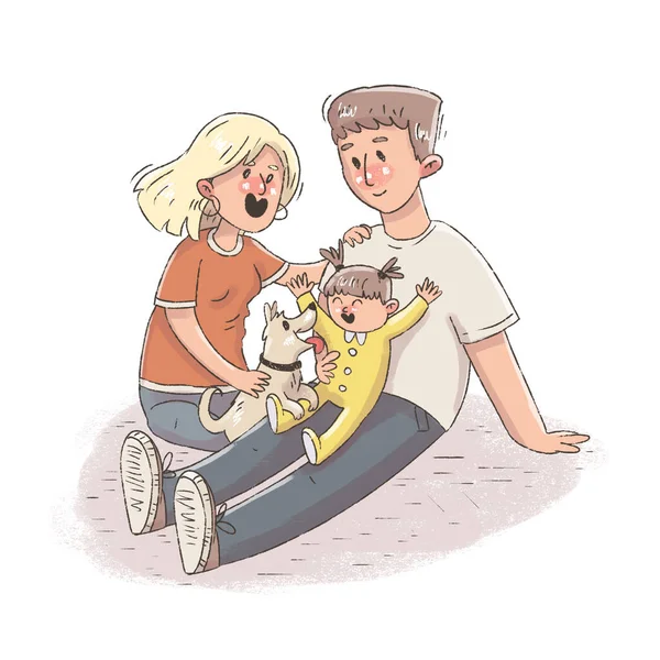 Glückliche Familie Mama Papa Kind Und Hund Haben Gemeinsam Spaß — Stockfoto