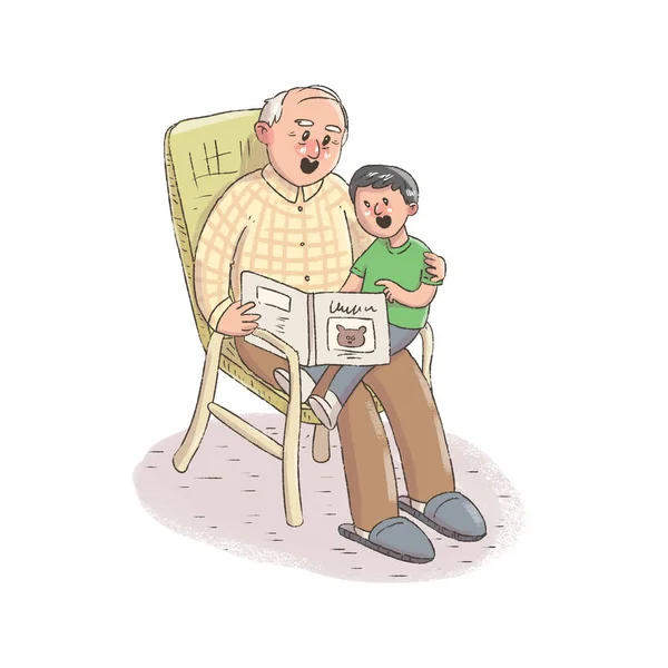 祖父は孫に本を読んでいる ストック写真