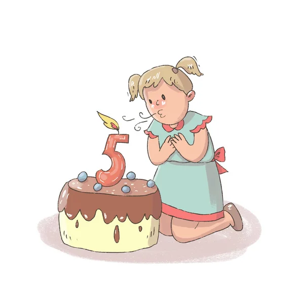 子供は年をとっています 子供はケーキの上のろうそくを吹き消す ストックフォト