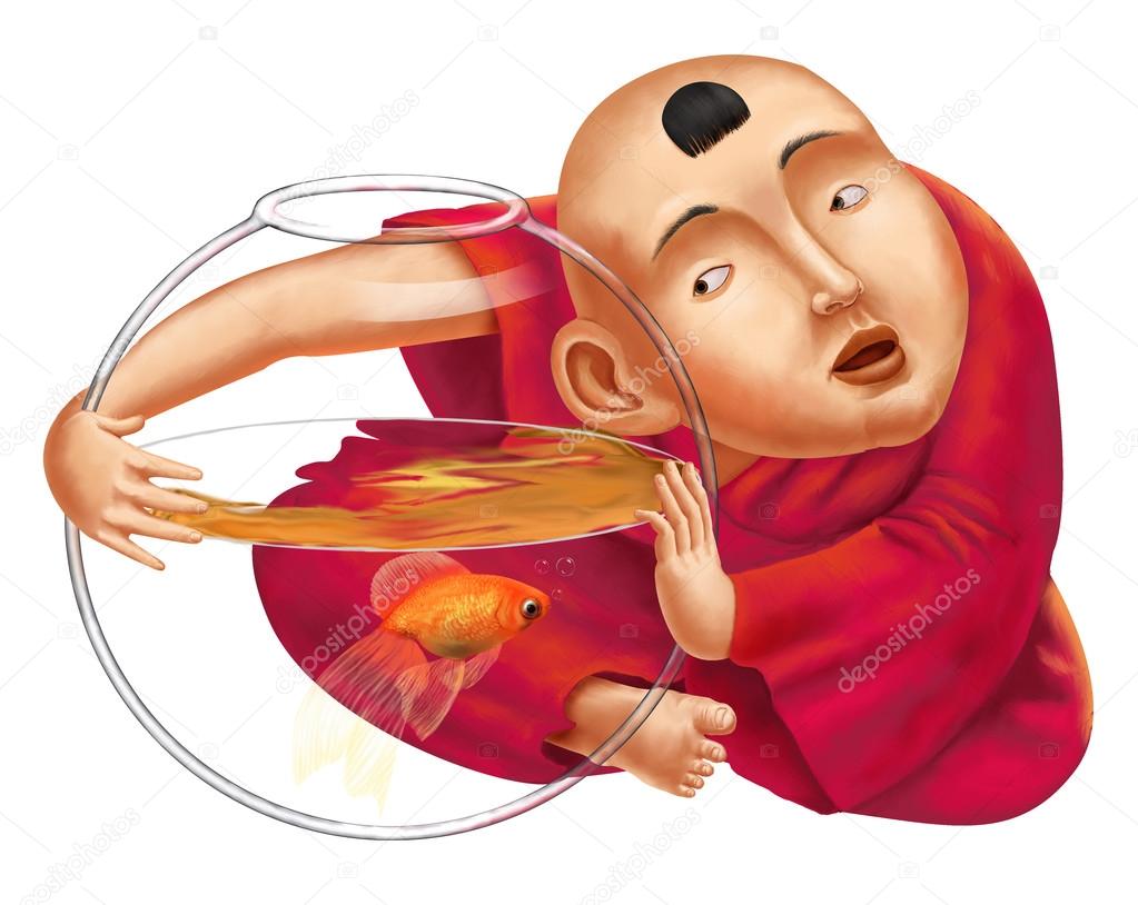 monk talks to fish on white background