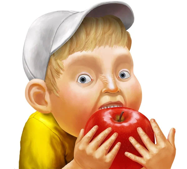 Niño muerde la gran manzana — Foto de Stock