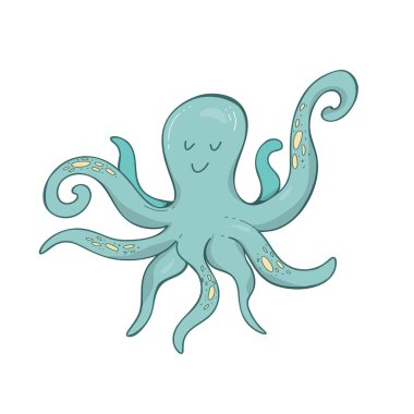 Sevimli El ahtapot çiziyor. Kumaşlar, tekstil grafikleri ve parmak izleri için vektör çizimi. Çizgi, çizgi. skeç, deniz hayvanı. beyaz izole