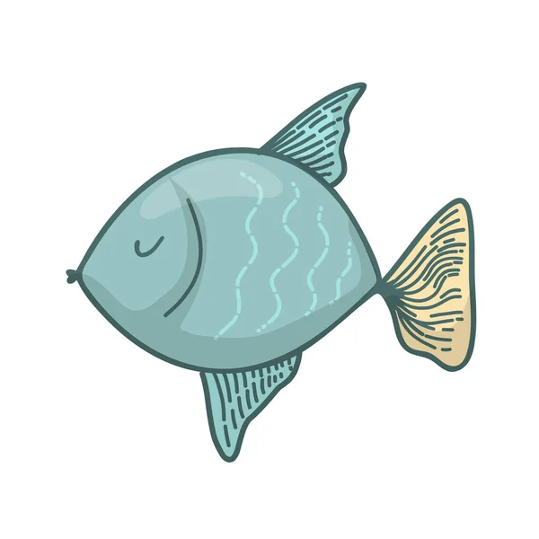 Vector garabato icono de pescado. Plantilla de diseño de logotipo. Lindo dibujado a mano infantil ilustración lineal para imprimir, tela — Vector de stock