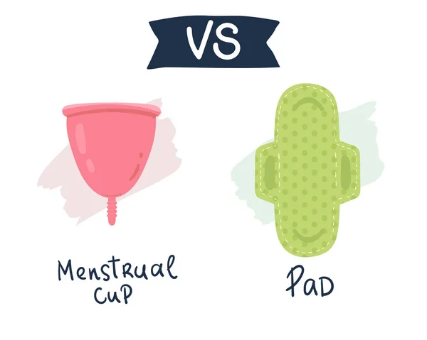 Comparar productos de higiene femenina. almohadillas vs copa menstrual. Protección menstrual, ilustración vectorial. plano mano dibujo — Archivo Imágenes Vectoriales