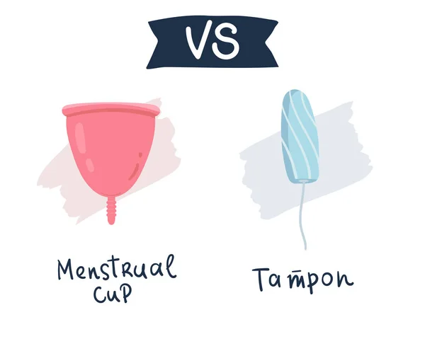 Comparar produtos de higiene feminina. Tampão vs copo menstrual. Proteção menstrual, ilustração vetorial. desenho de mão plana — Vetor de Stock