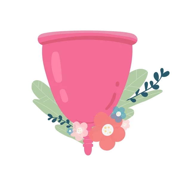 Menstrual cup with flowers and leaves isolated on white background — Stock Vector