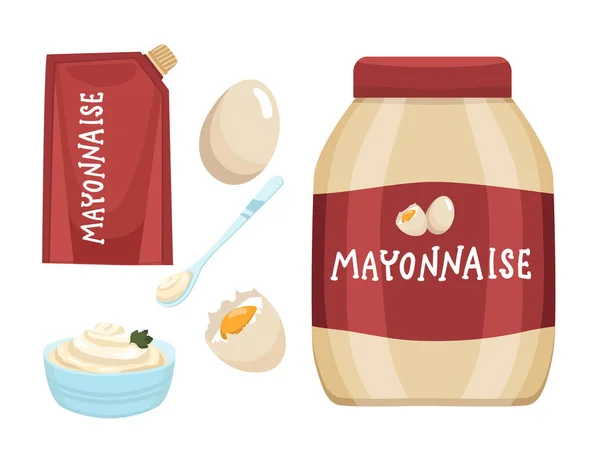 Mayonnaise Sauce Mayosauce Flasche Schüssel Löffel Spritzer Eier Set Von — Stockvektor