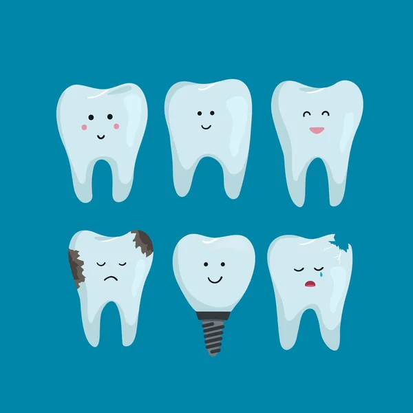 Set Caratteri Dentali Puliti Malati Sfondo Blu Sbiancamento Dei Denti — Vettoriale Stock