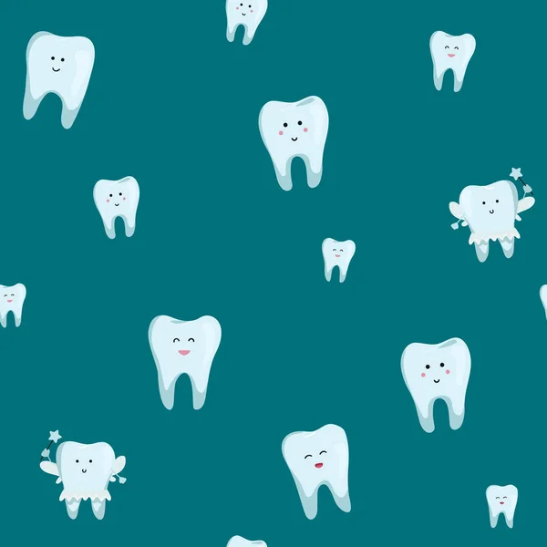 Wektorowy Wzór Bez Szwu Białe Zęby Zielonym Tle Urocze Zęby — Wektor stockowy