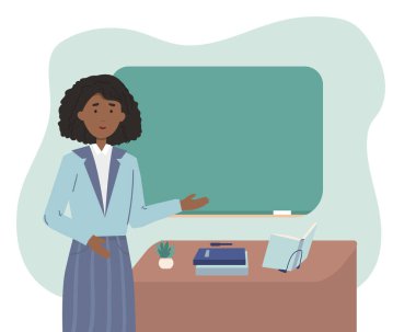 Afro-Amerikan kadın okulu, üniversite öğretmeni ya da profesör sınıftaki karatahtanın yanında duruyor. Öğretmen gemide görünüyor. Vektör illüstrasyonu, düz,