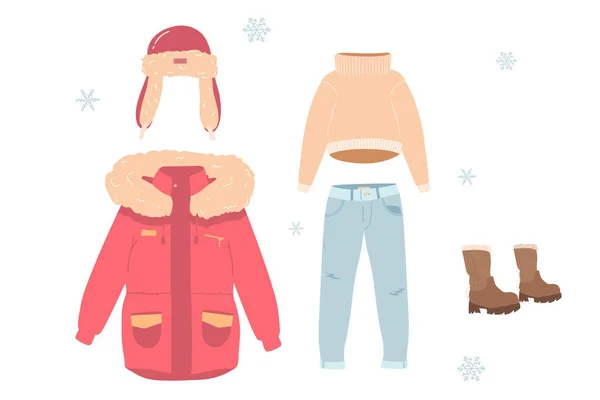 Vinterkläder Set Bestående Röd Vinterjacka Kläder För Kvinna Byxor Skor — Stock vektor