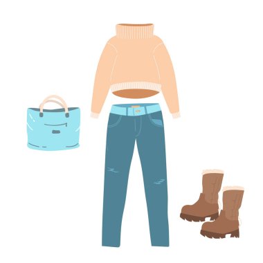 Kadınlar için kıyafet, pantolon, ayakkabı ve şirin tavşanlı süveter seti. Renkli kıyafetler, parlak kalın kıyafetler, giyim mağazası. Düz vektör. el çizimi resimleme