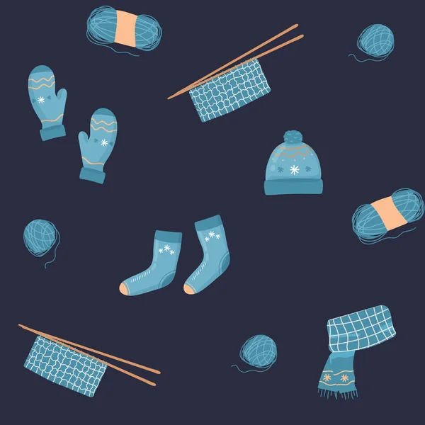 Vektor nahtlose Muster. Cartoon Gestricktes. Niedliche, warme Winterkleidung. Wollknäuel, Stricknadeln, Schal, Socken, Handschuhe Schal — Stockvektor