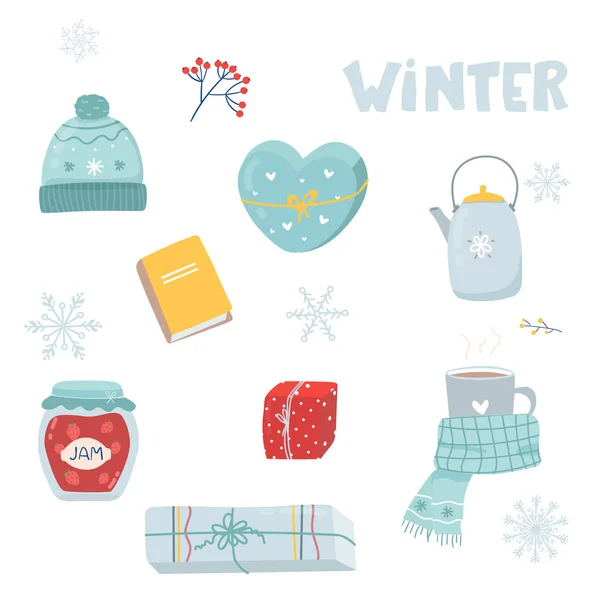 Winter. Cozy winter clothes. A set of winter cute things. Isolated vector illustration. Teapot, jam, book scarf cup, gifts vector on white flat cartoon — Stock Vector