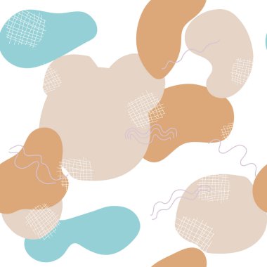 Geometrik şekillerin ve karalamaların modası geçmiş kusursuz deseni. Renkli vektör desenli el çizim biçimi mavi beyaz, kumaşlar, kartlar, davetiyeler, kıyafetler, ambalaj, duvar kağıdı koleksiyonu.