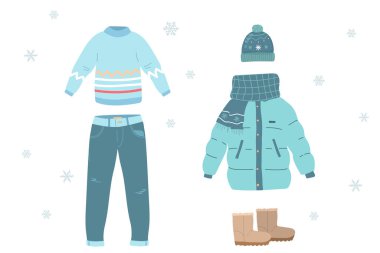 Kışlık kıyafet seti, kırmızı kış ceketi, kadınlar için kıyafetler, pantolon, ayakkabı, şapka, eldiven, kazak. Renkli kıyafetler, parlak kalın kıyafetler, giyim mağazası. Düz vektör. el çizimi resimleme.