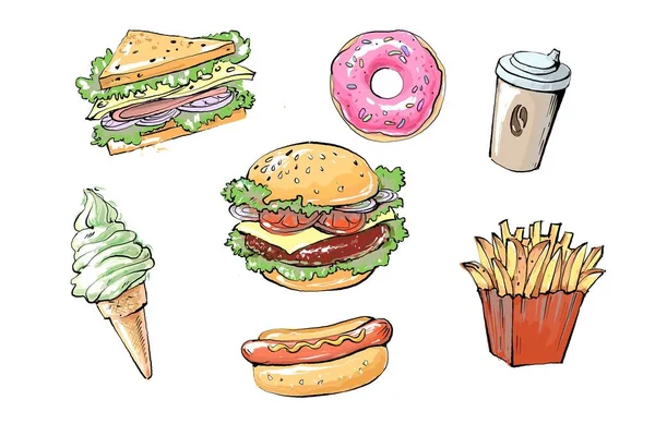 Set di deliziosi e succosi prodotti fast food. schizzo realistico colorato illustrazione di street food e caffè — Vettoriale Stock