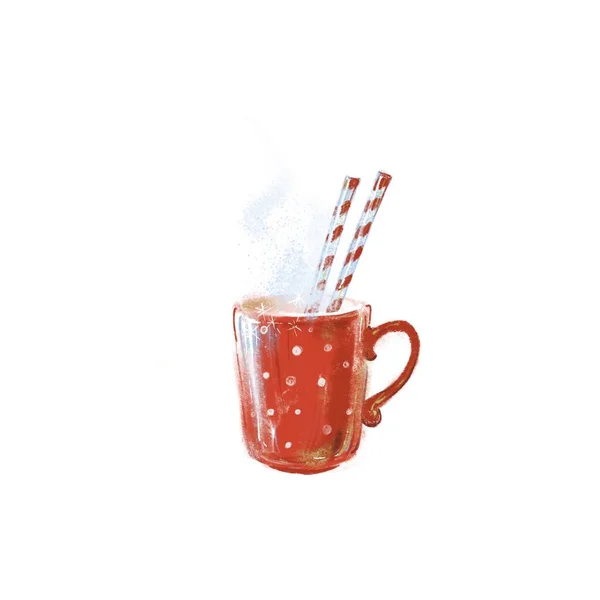 Red xmas coffee cup with Cristmas candy, ot coffee mug with vapour — Stock Photo, Image