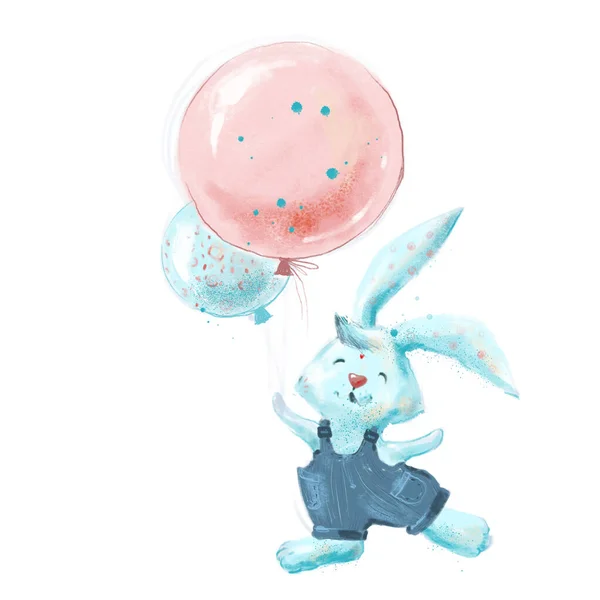 Illustration vacances de Pâques avec un lapin heureux et ballon en jeans — Photo