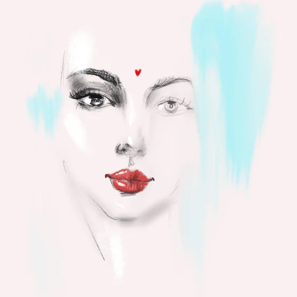 Hermosa cara de mujer joven con labios rojos dibujo a lápiz bosquejo. Muchacha abstracta modelo retrato ilustración de moda para el diseño de impresión moderna. —  Fotos de Stock